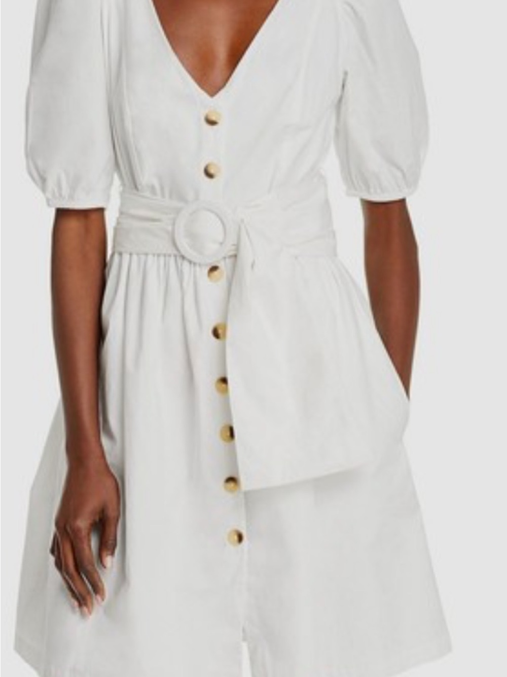 French connection NWT White V-Neck Puff Sleeve Belted Button-Front Dress